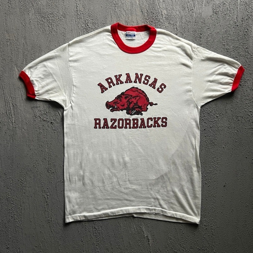 Vintage Arkansas Razorbacks Shirt XL White 1980s Ringer NCAA